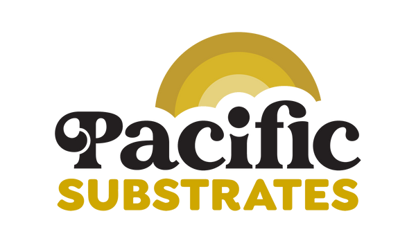 Pacific Substrates logo featuring the words 'Pacific Substrates' in bold with a gold/yellow rainbow arching above 'Pacific' — specialists in mushroom grow kits and natural growing solutions.
